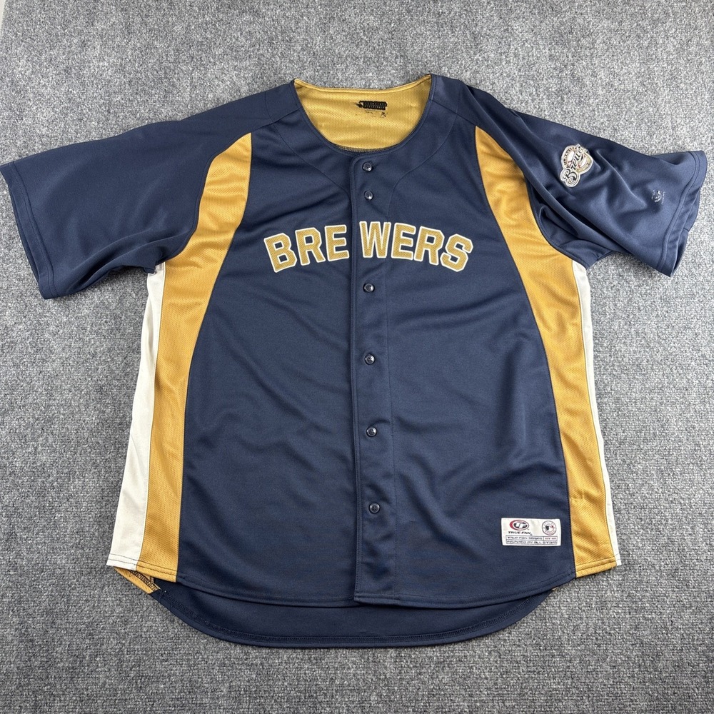 Milwaukee Brewers Baseball Jersey True Fan MLB Button Up Navy Gold Mens L